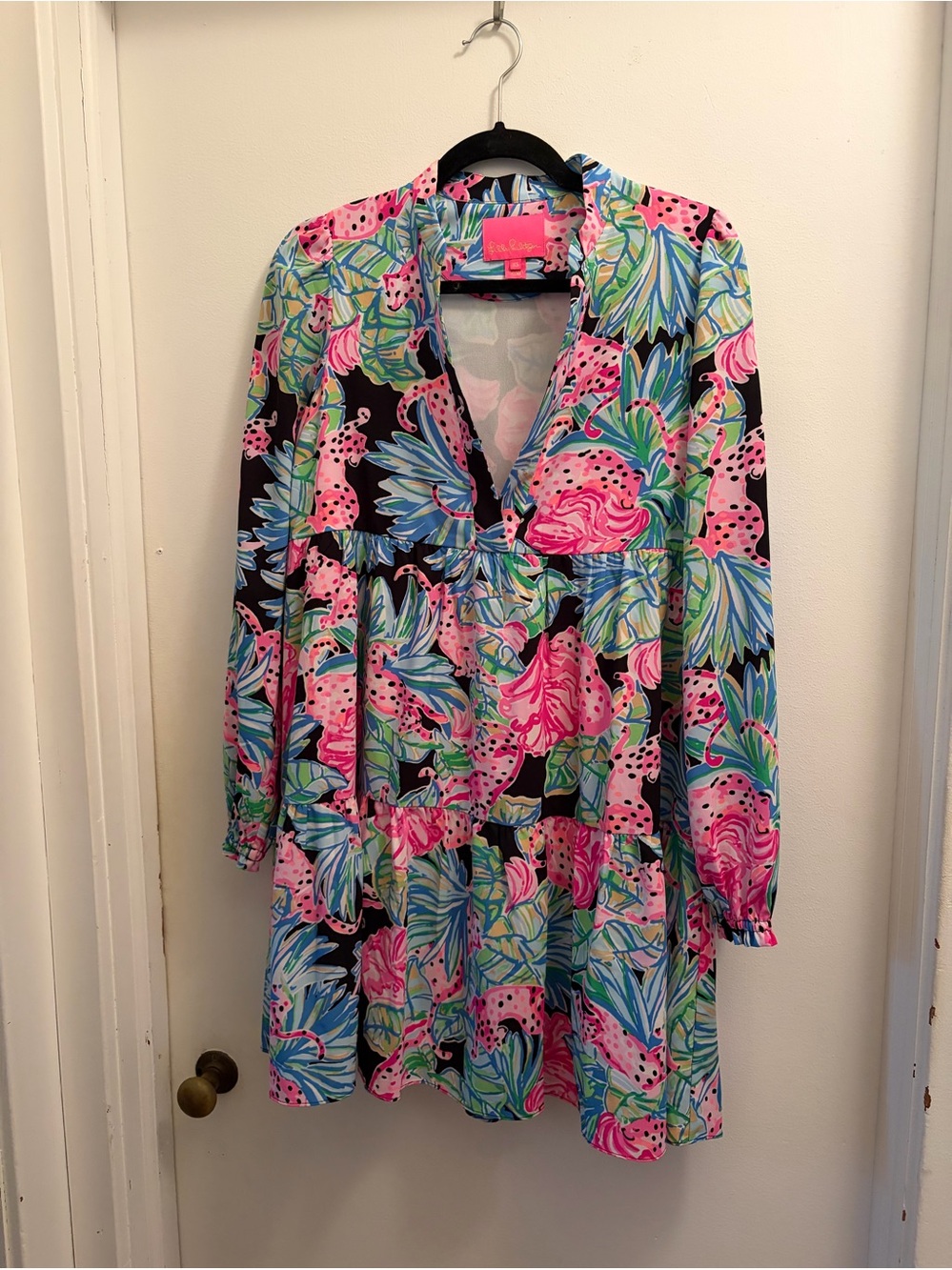 Lilly Pulitzer XS Winona Onyx Jaguar Jungle Pink Floral tiered dress. EUC.